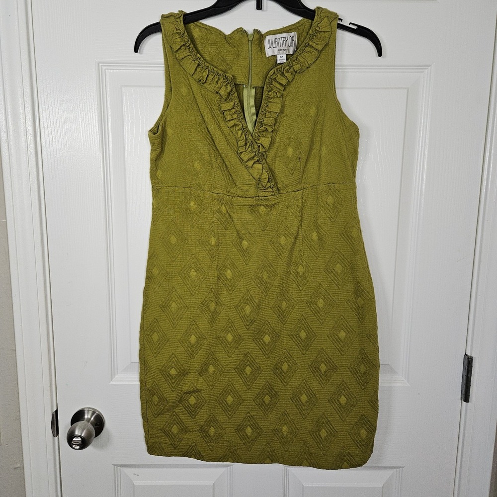 Julian Taylor Ruffle V Neck Sleeveless Avocado Green Cotton Sheath Dress Size 8
